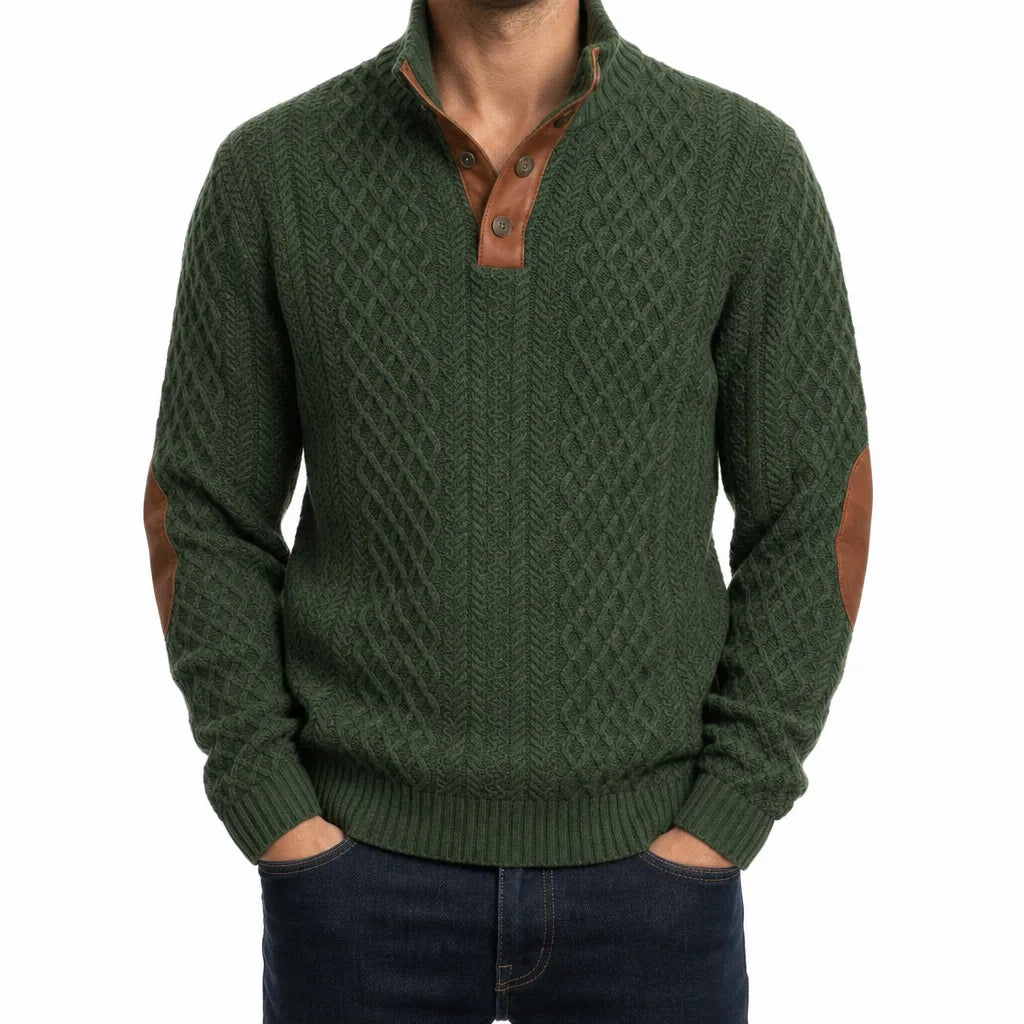 Forest green cable-knit henley sweater with a mock neck, button placket, and contrast brown elbow patches.