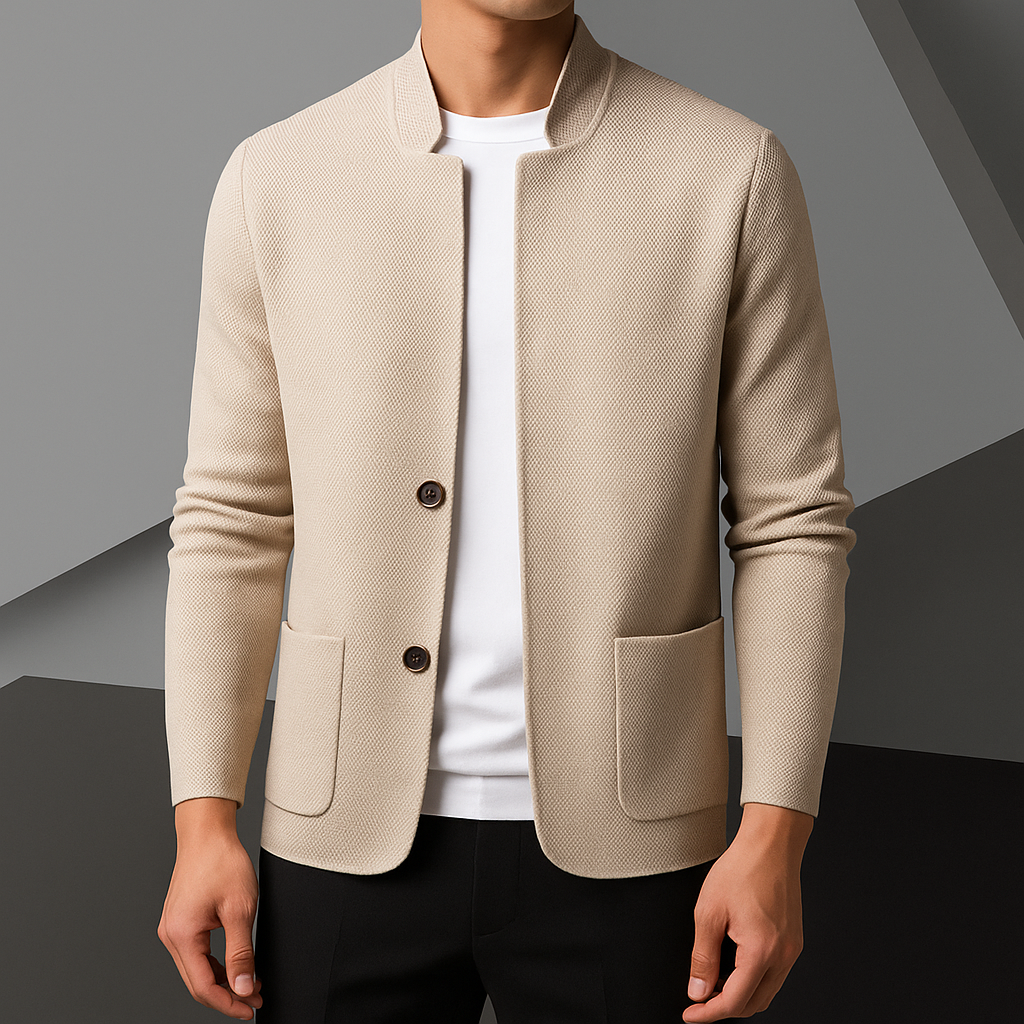 Mauro Fine Textured Button-Front Cardigan – Stand Collar Patch Pocket Knitwear