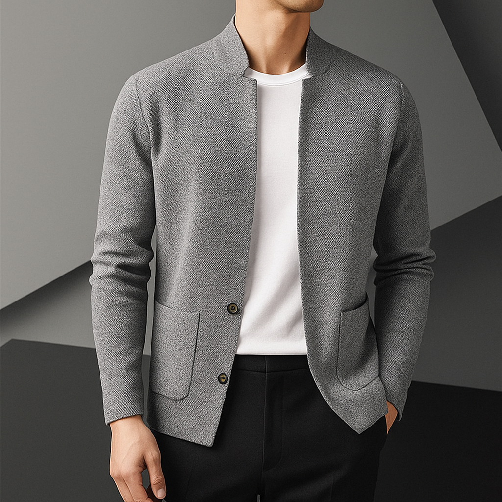 Mauro Fine Textured Button-Front Cardigan – Stand Collar Patch Pocket Knitwear