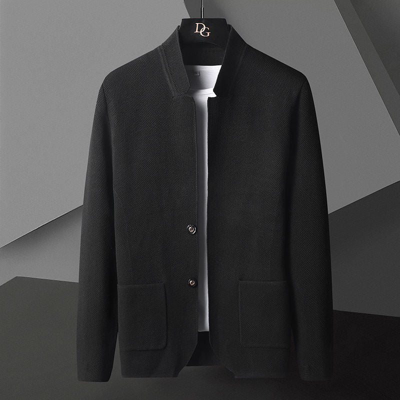 Mauro Fine Textured Button-Front Cardigan – Stand Collar Patch Pocket Knitwear