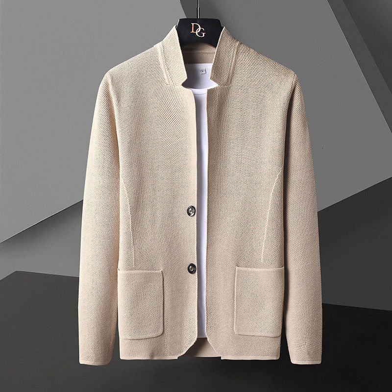 Mauro Fine Textured Button-Front Cardigan – Stand Collar Patch Pocket Knitwear