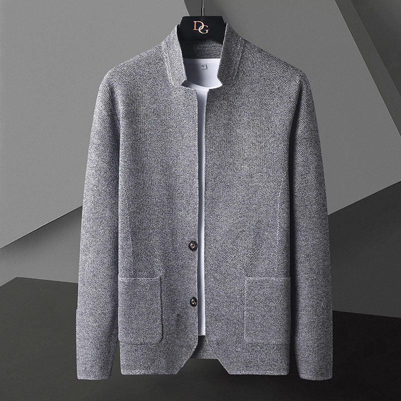 Mauro Fine Textured Button-Front Cardigan – Stand Collar Patch Pocket Knitwear