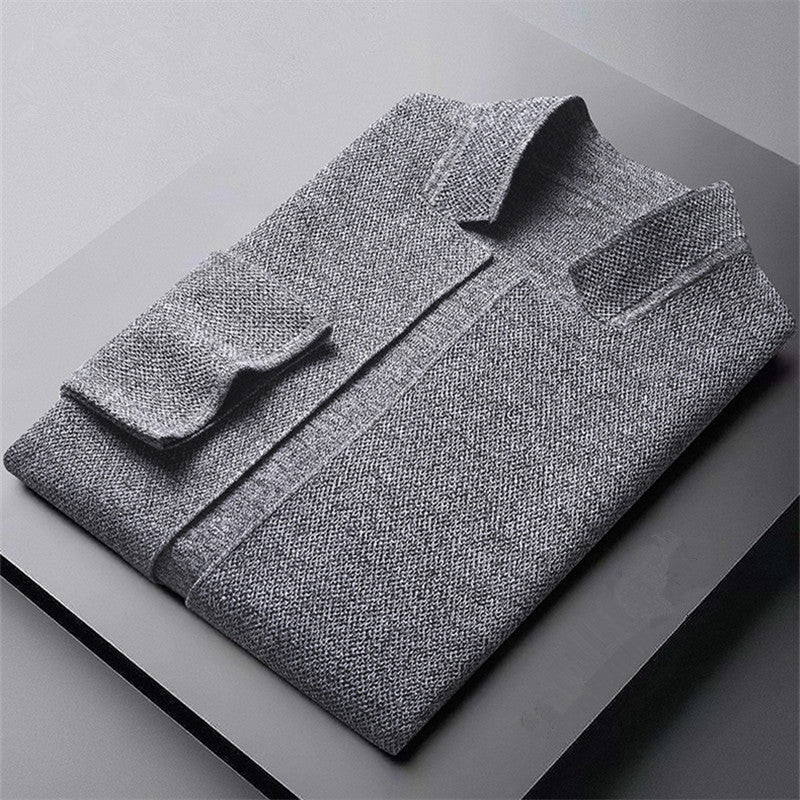 Mauro Fine Textured Button-Front Cardigan – Stand Collar Patch Pocket Knitwear