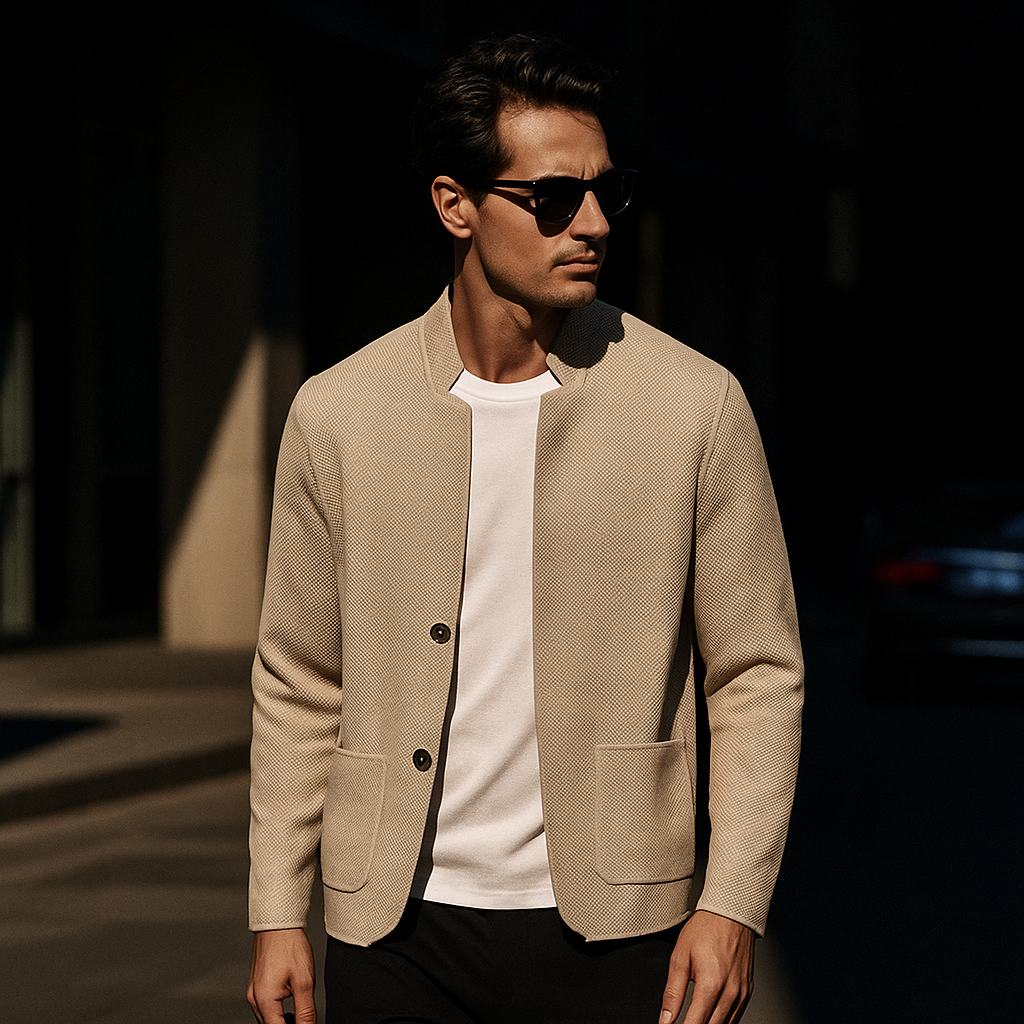 Mauro Fine Textured Button-Front Cardigan – Stand Collar Patch Pocket Knitwear