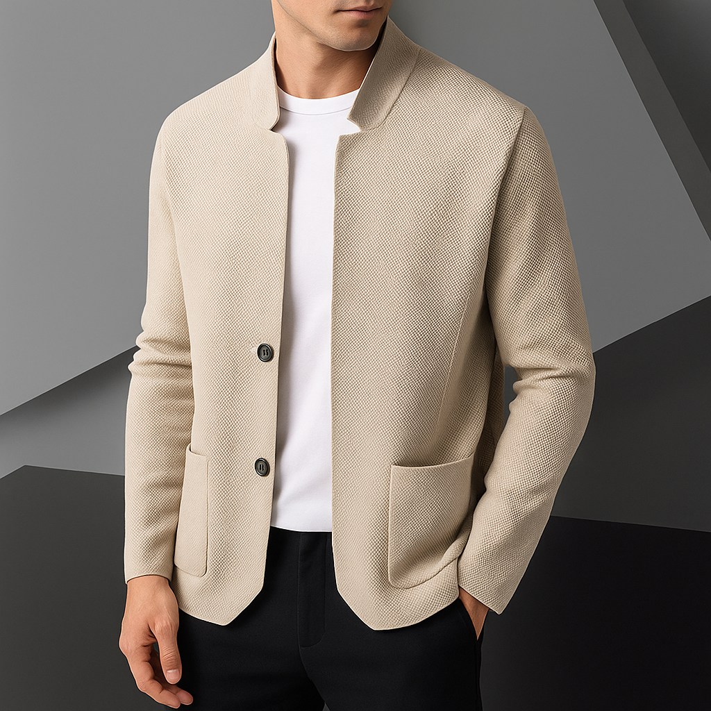 Mauro Fine Textured Button-Front Cardigan – Stand Collar Patch Pocket Knitwear