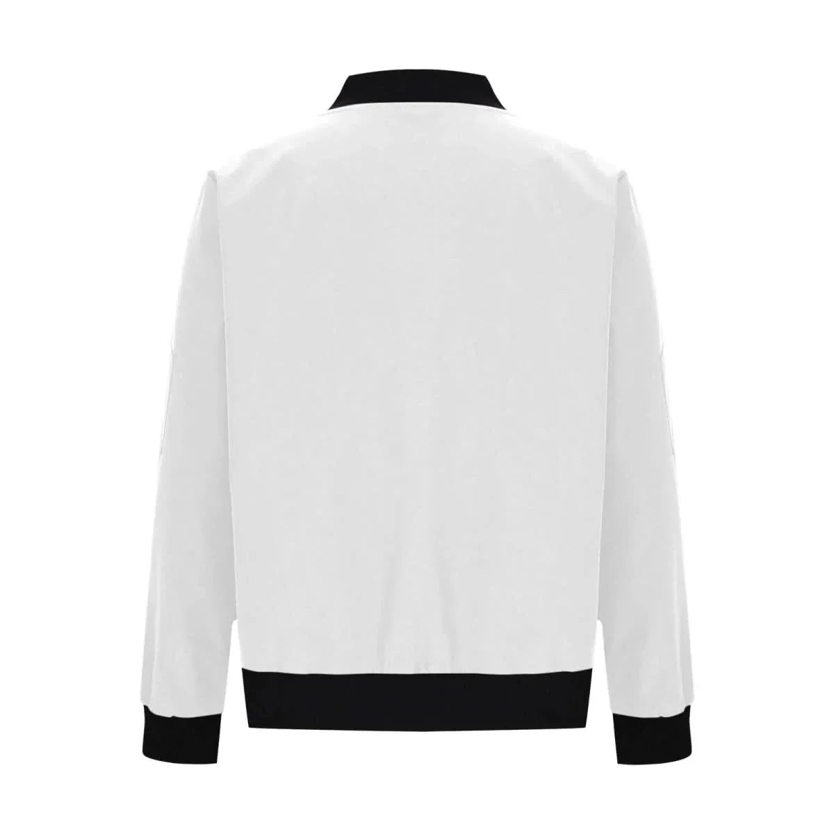 Back view of a white bomber jacket with black ribbed collar, cuffs, and hem displayed on a white background.