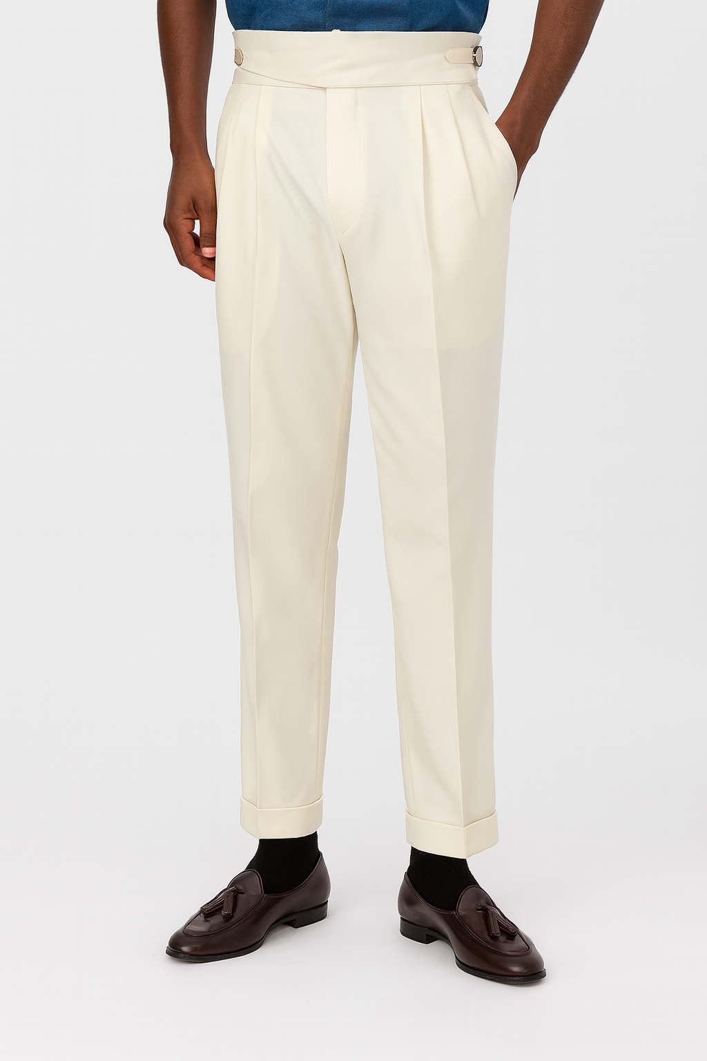 Claudio Wool Blend Pleated Trousers – High-Waisted Side-Adjuster Tapered-Leg Slacks