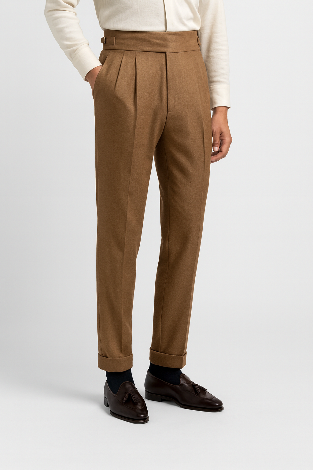 Claudio Wool Blend Pleated Trousers – High-Waisted Side-Adjuster Tapered-Leg Slacks