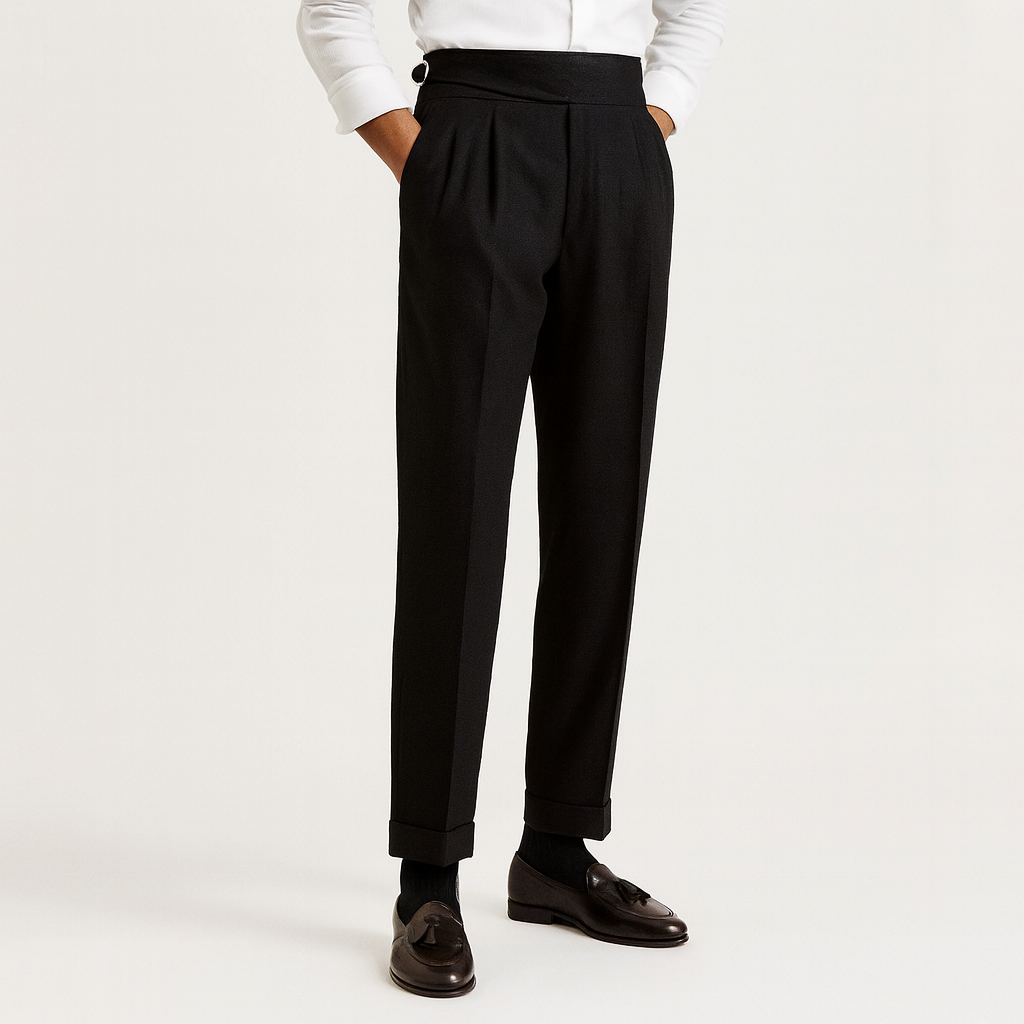 Claudio Wool Blend Pleated Trousers – High-Waisted Side-Adjuster Tapered-Leg Slacks
