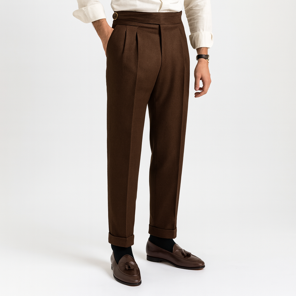Claudio Wool Blend Pleated Trousers – High-Waisted Side-Adjuster Tapered-Leg Slacks