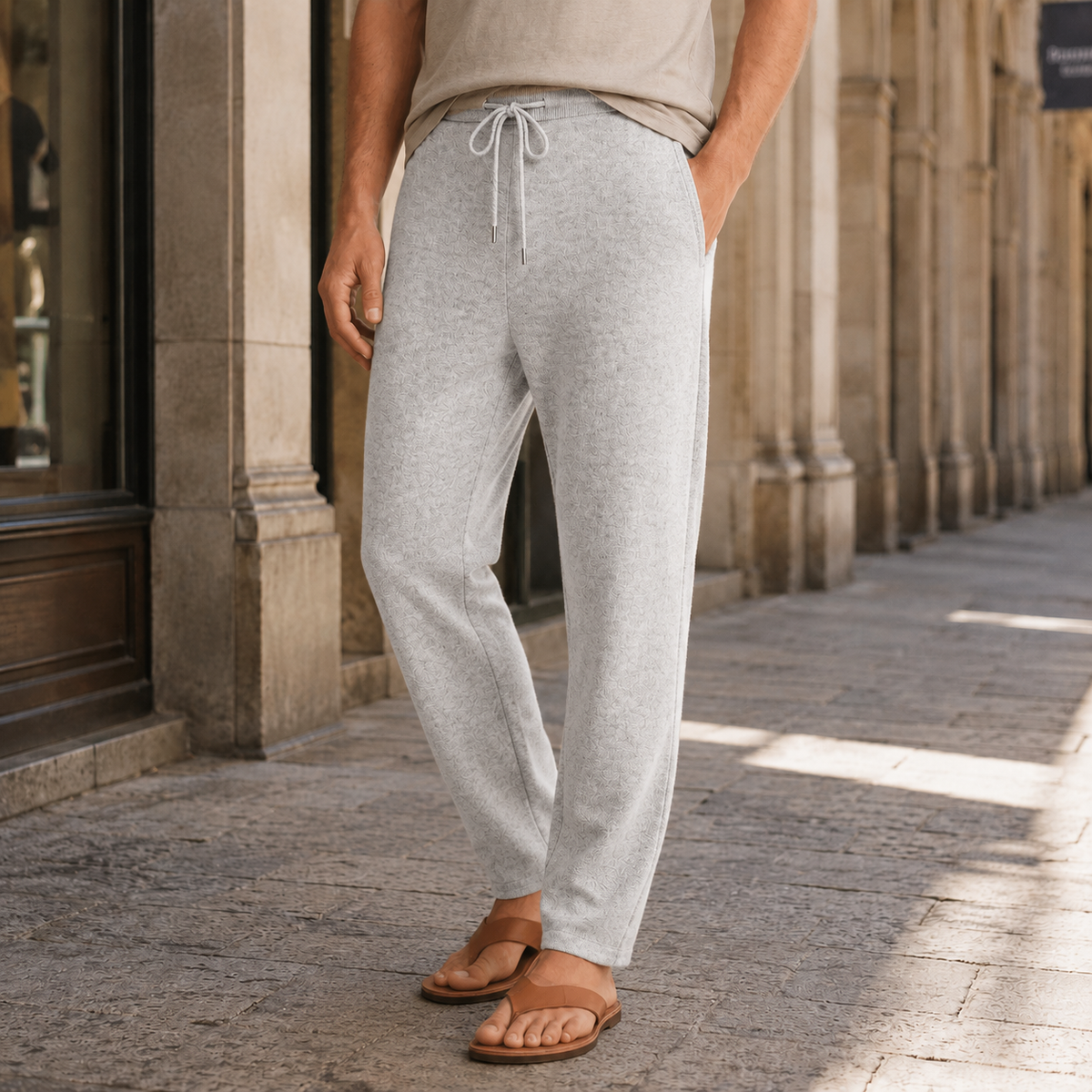 Light gray merino wool pants featuring a relaxed tapered fit, drawstring waist, and fine-knit texture worn on a city street.