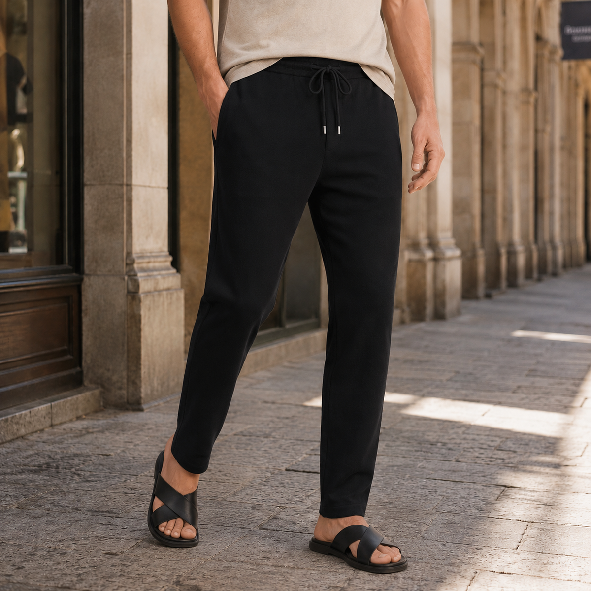 Black merino wool pants with a relaxed tapered fit, elastic drawstring waist, and fine-knit texture worn on a city street.
