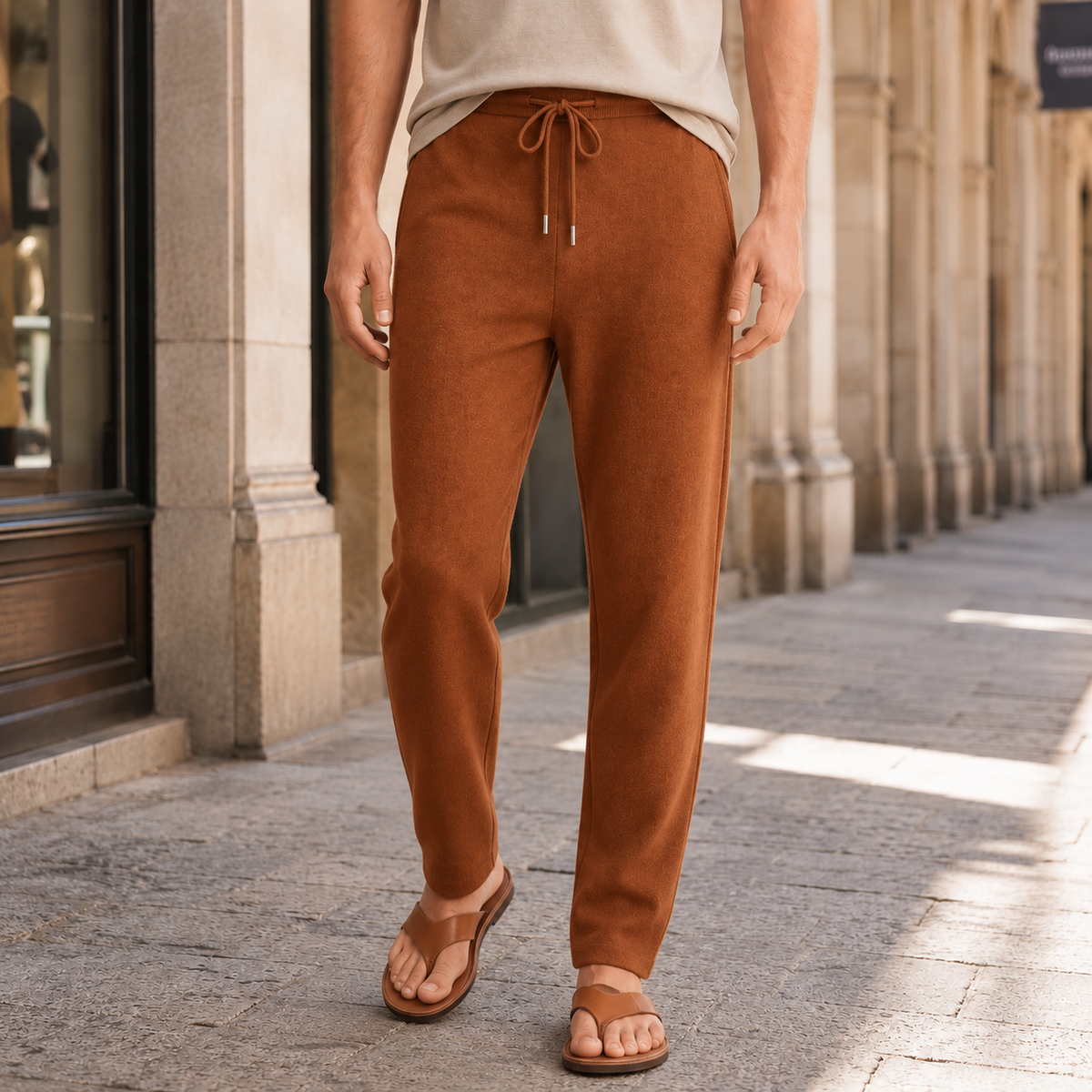 Rust-colored merino wool pants with a relaxed tapered fit, featuring a drawstring waist and soft fine-knit texture.
