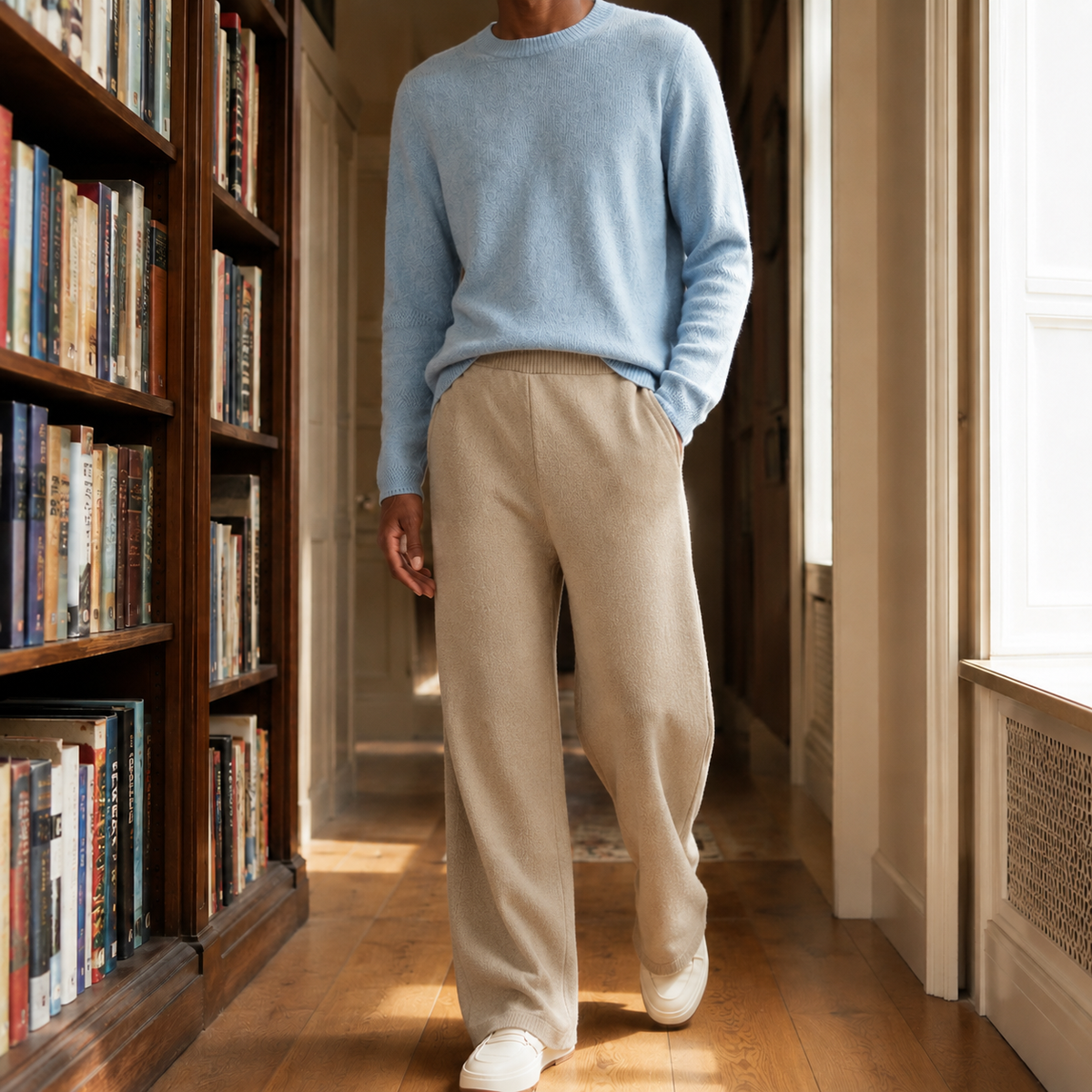 Beige merino wool wide-leg pants with an elastic high-rise waist and side pockets, styled with a light blue knit sweater.