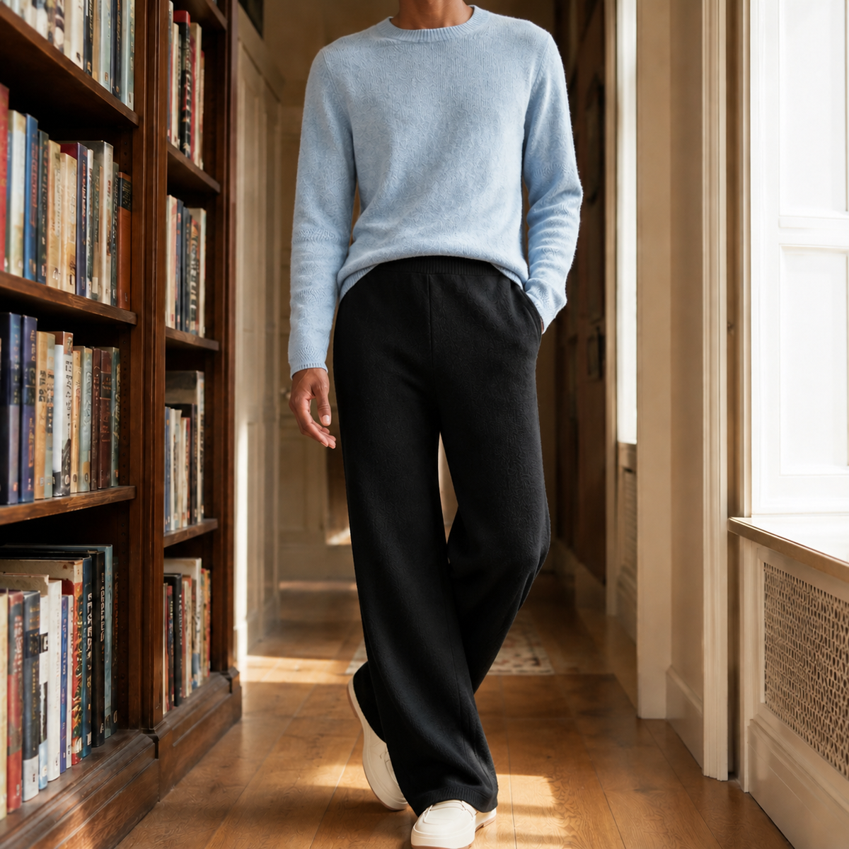 Black merino wool pants featuring a relaxed wide-leg silhouette, high-rise elastic waist, and functional side pockets.