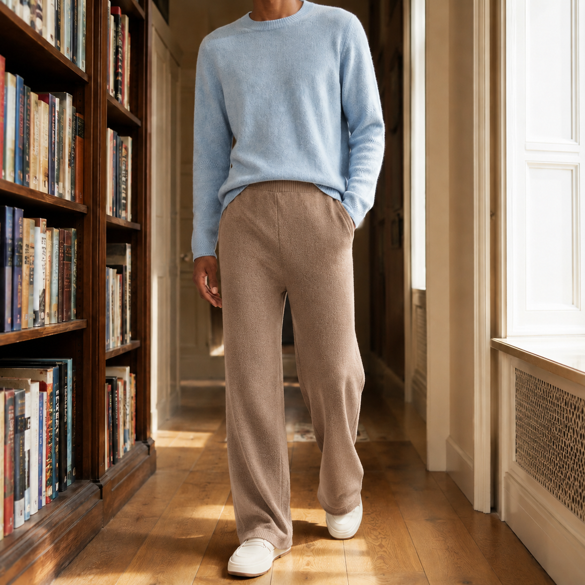 Taupe merino wool pants in a relaxed wide-leg fit with a high-rise elastic waist and side pockets.