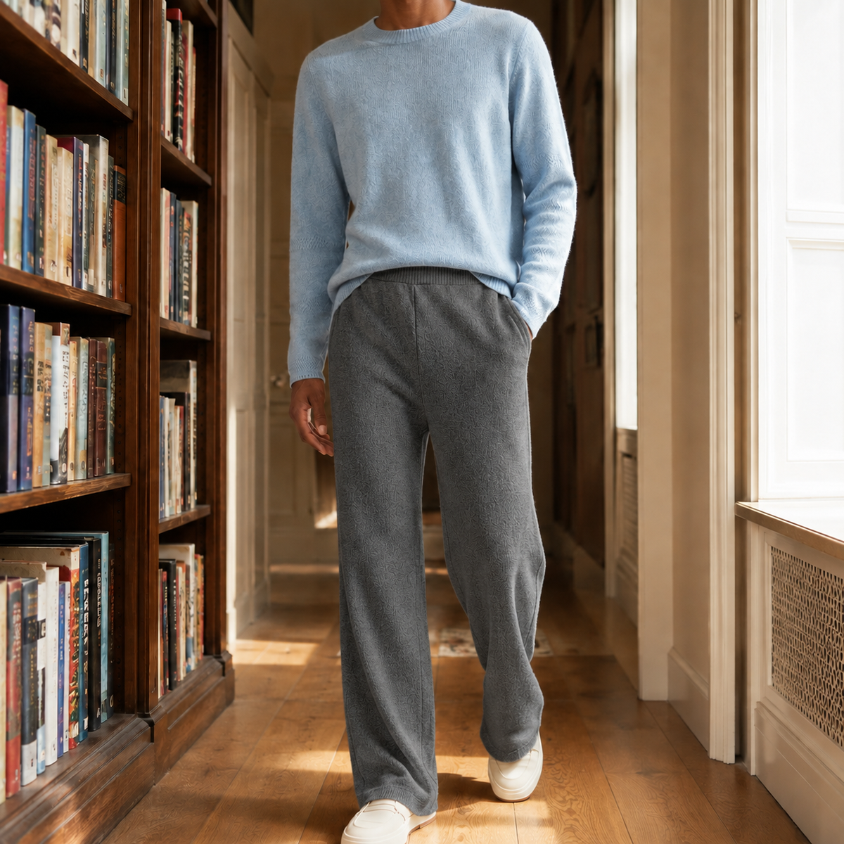 Charcoal gray merino wool pants featuring a relaxed wide-leg silhouette, high-rise elastic waist, and side pockets.