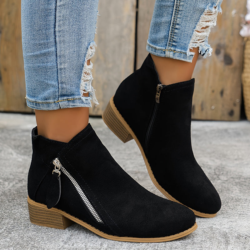 Black brushed-finish low-cut booties with an angled side zip, almond toe, and a stacked block heel.