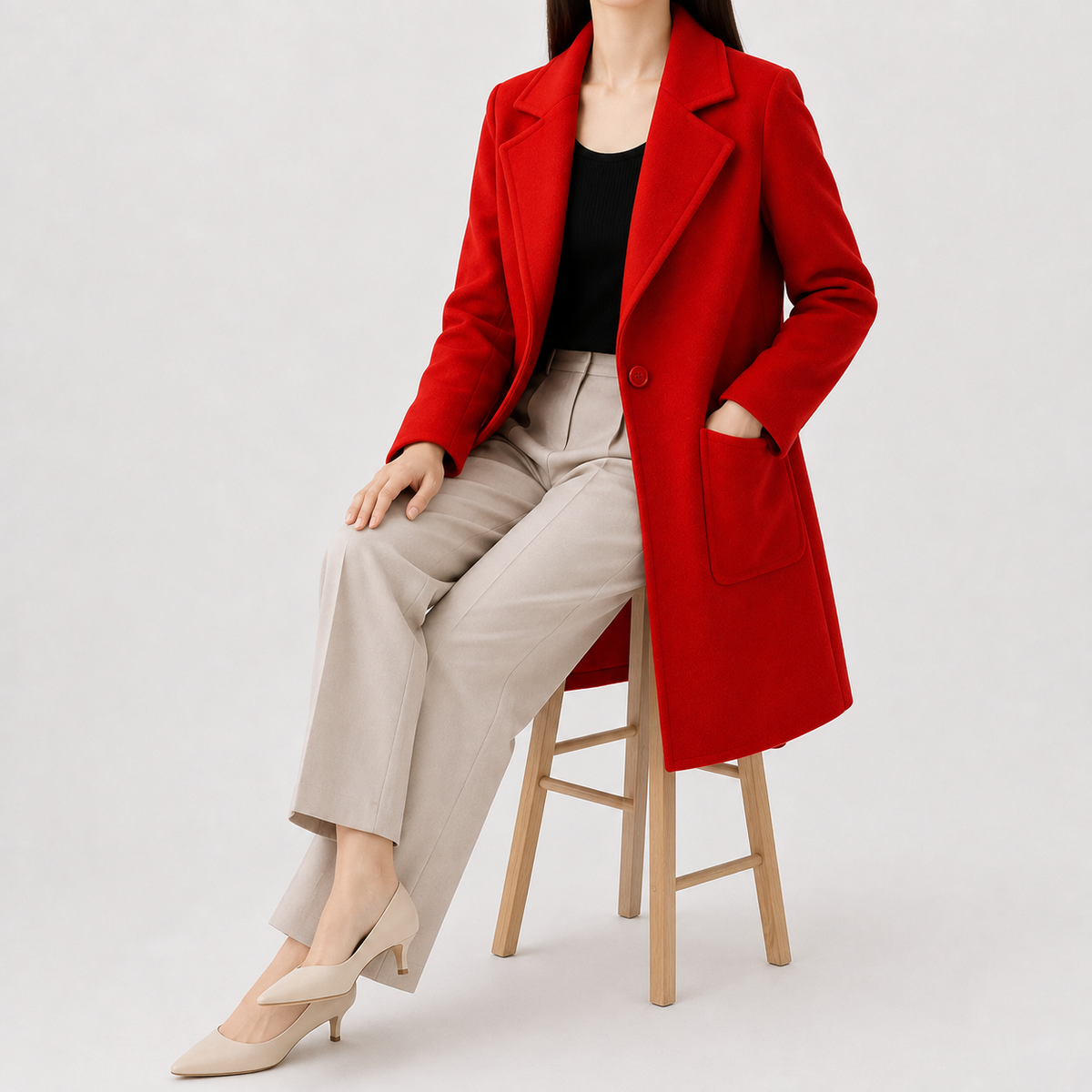 Red mid-length wool coat with notch lapels, single-button front, and patch pockets, worn over beige trousers.