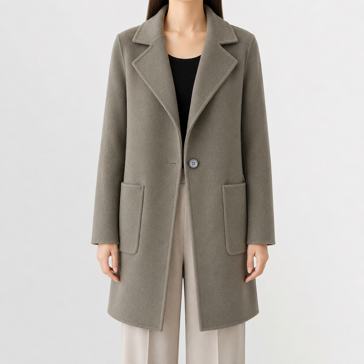 Mid-length taupe wool coat with a single-button front, notch lapels, and square patch pockets in a tailored straight fit.