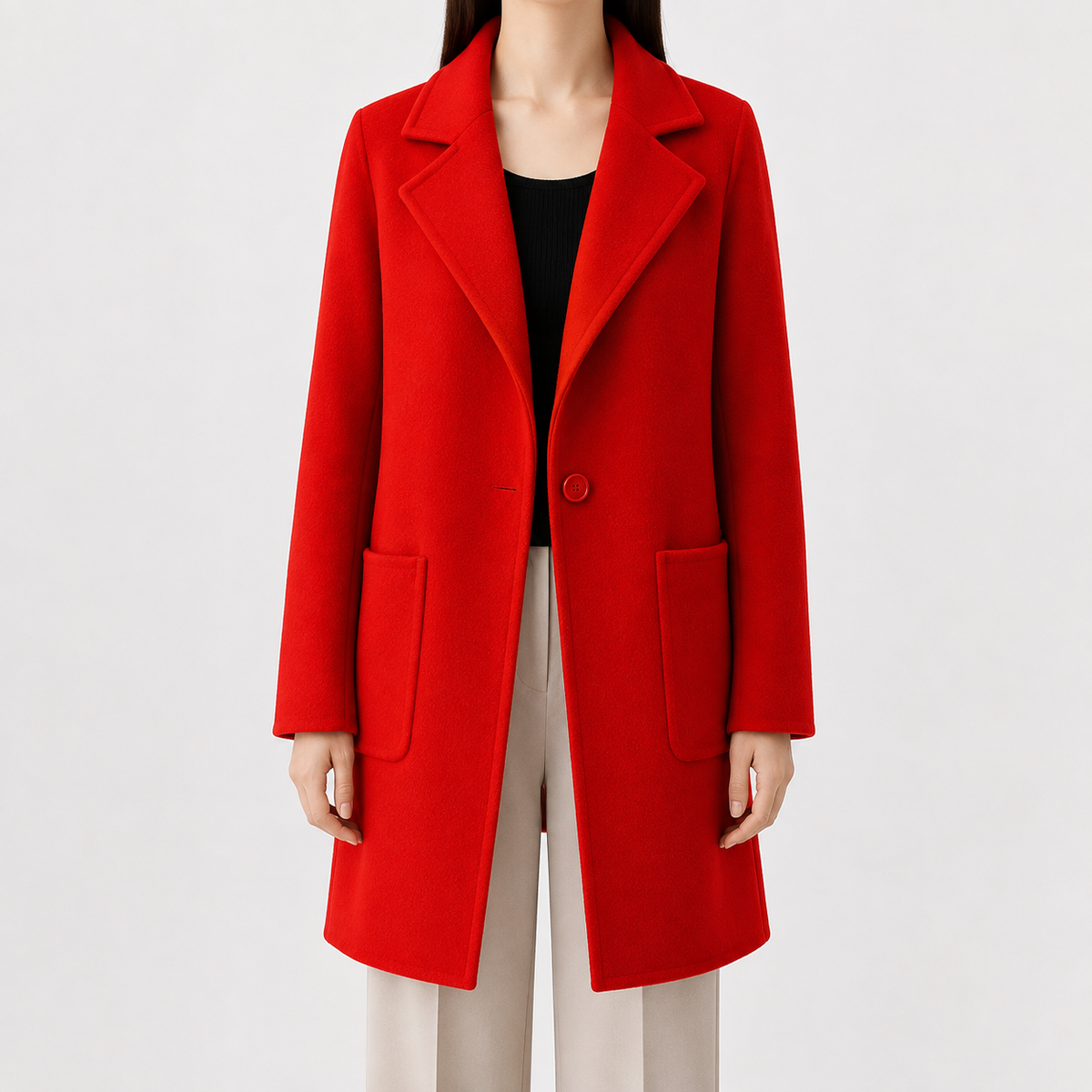 Red mid-length wool coat with a notch lapel, single-button front, and square patch pockets in a soft-touch brushed finish.