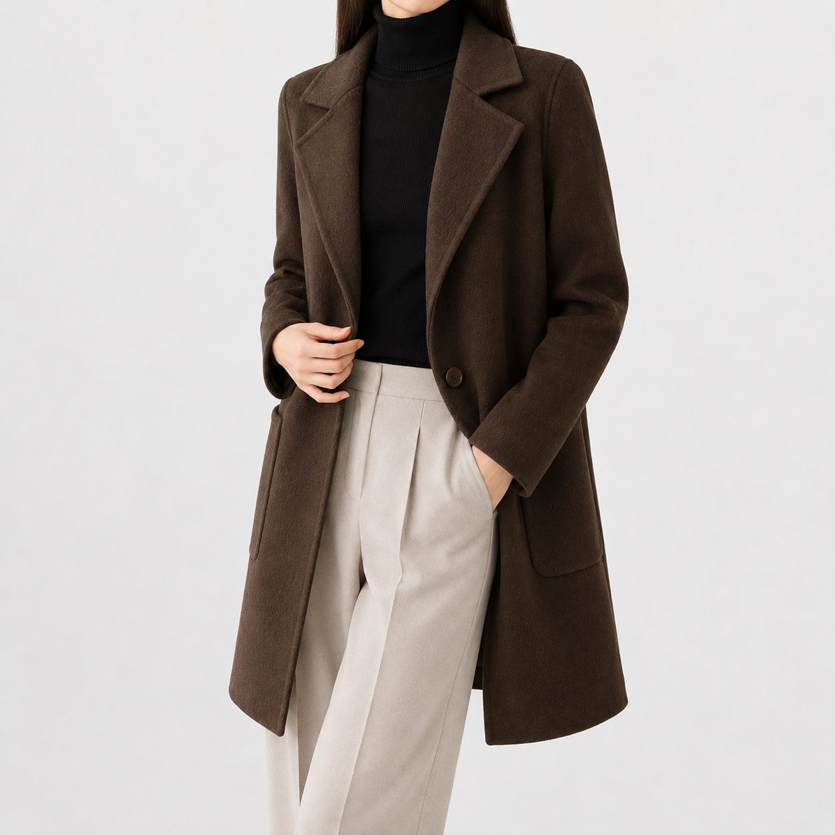 Mid-length dark brown wool coat with a single-button front, notch lapels, and square patch pockets over light trousers.