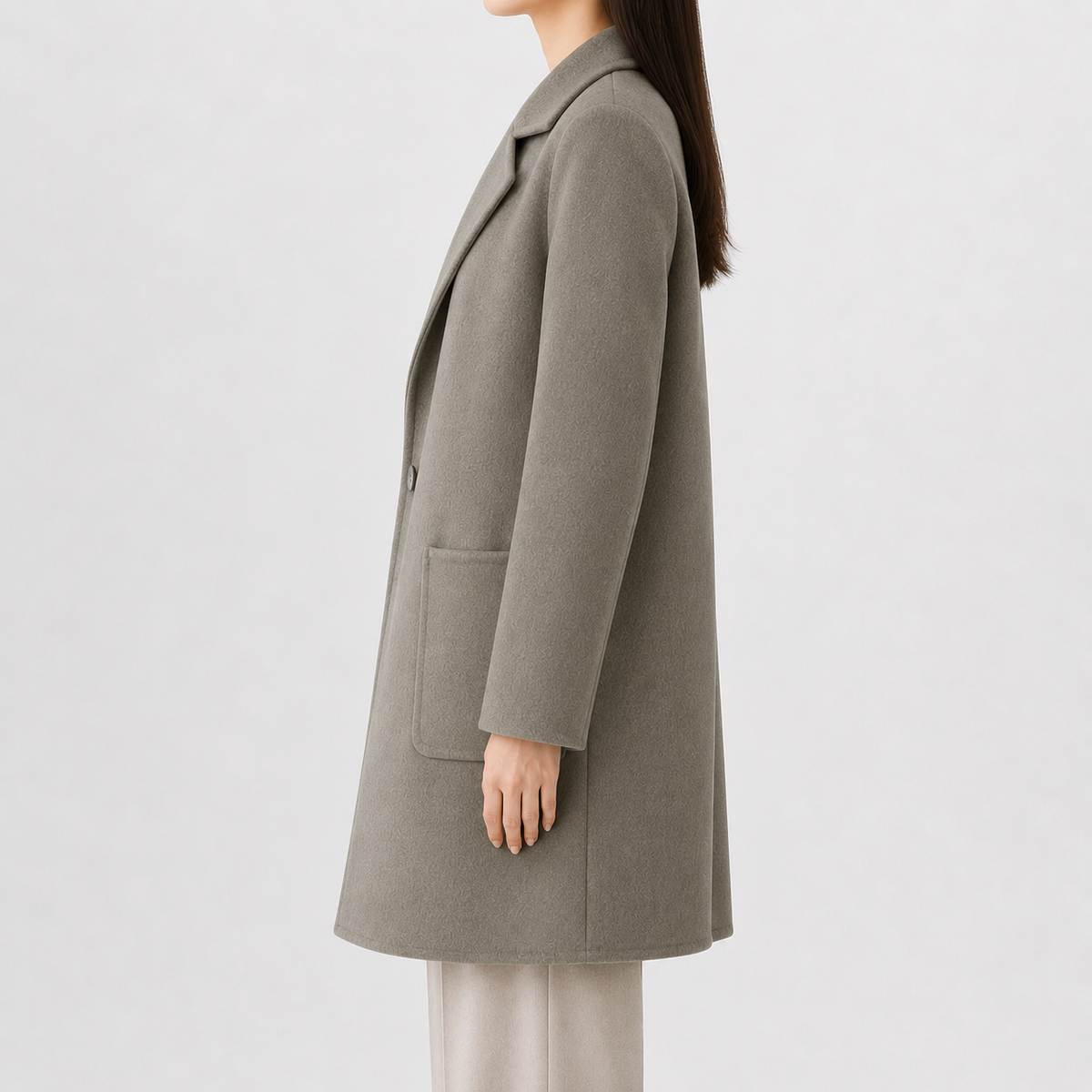 Mid-length taupe wool coat with a single-button front, notch lapels, and square patch pockets in a tailored straight fit.