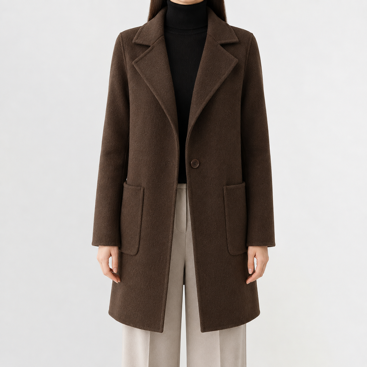 Mid-length brown wool coat with a notch lapel, single-button front, and square patch pockets in a tailored straight fit.