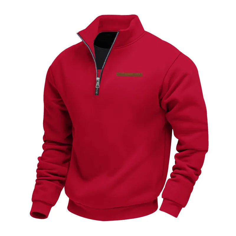 Red half-zip fleece sweatshirt featuring a stand collar, ribbed cuffs, and chest accent detail on a white background.