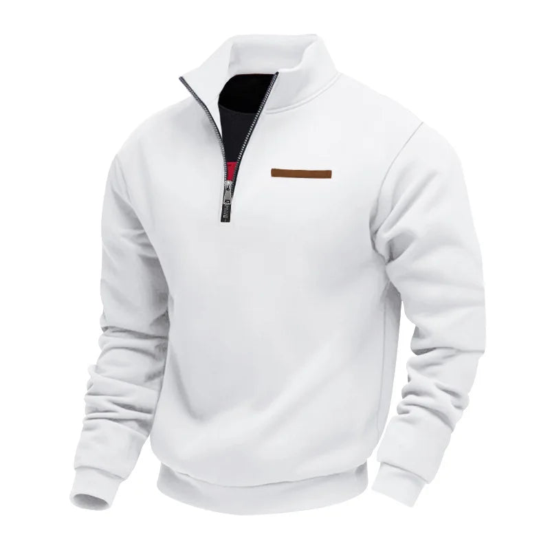 White half-zip fleece sweatshirt with a stand collar, ribbed cuffs, and chest accent detail on a white background.