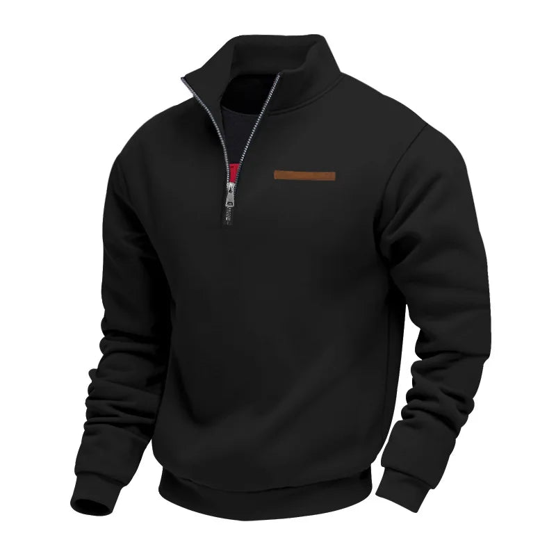 Black half-zip fleece sweatshirt featuring a stand collar, ribbed cuffs, and chest accent detail on a white background.