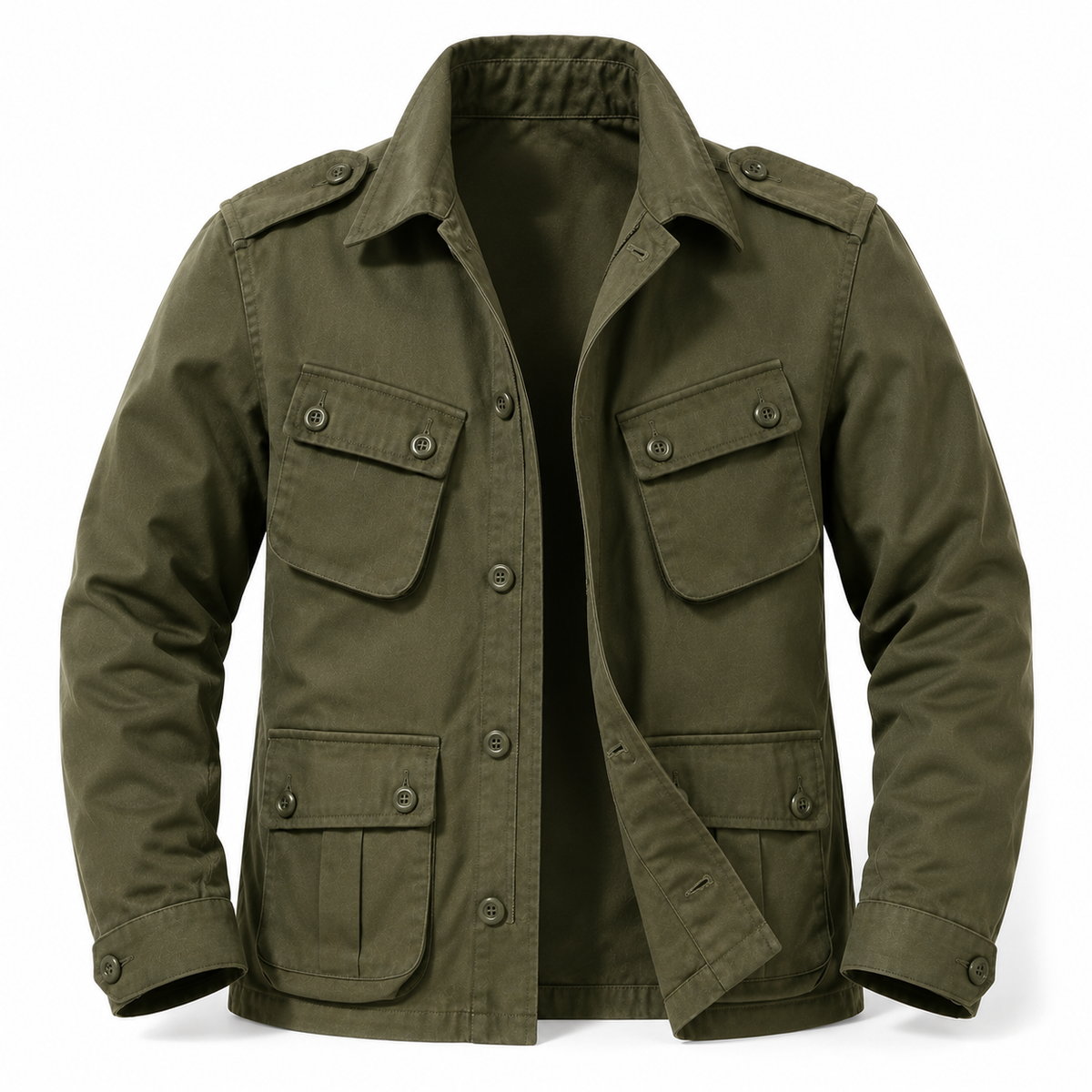 Front product view of the open olive green military utility field jacket displaying shoulder epaulets, four button-flap cargo pockets, and spread collar layout.