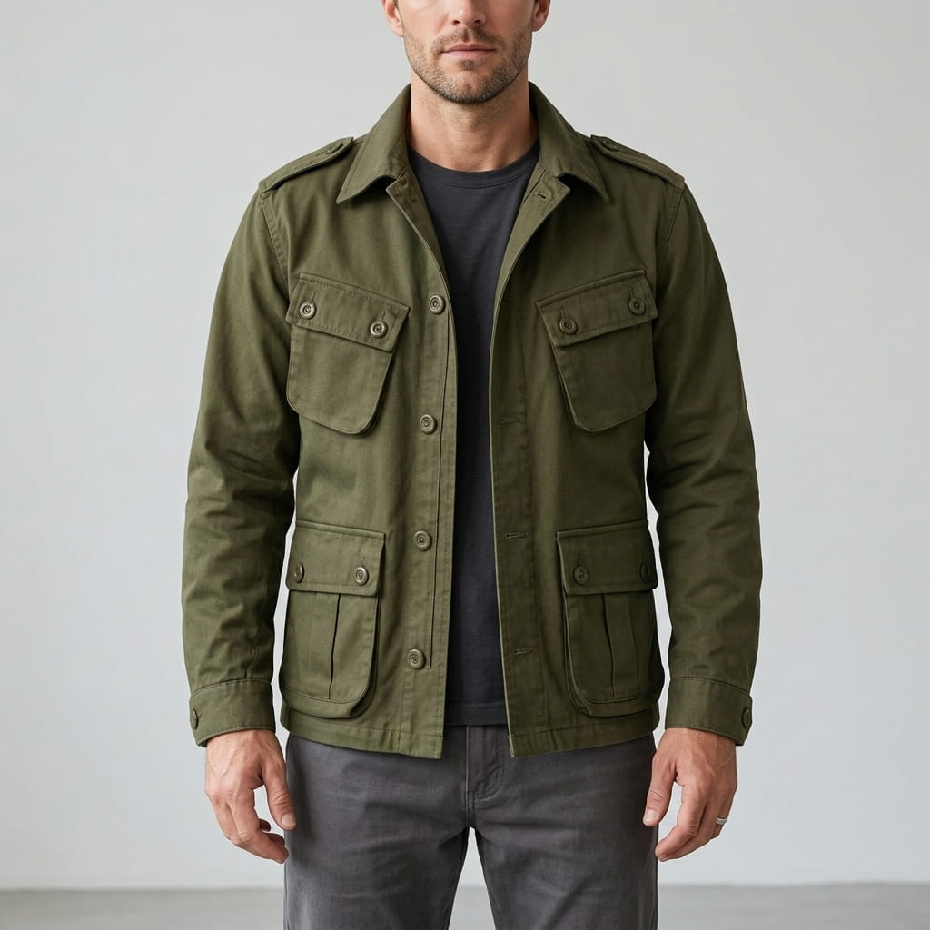 Front view of a model wearing an open olive green military-style utility jacket with shoulder epaulets, four button-flap cargo pockets, a spread collar, and single-breasted button front over a dark charcoal t-shirt.