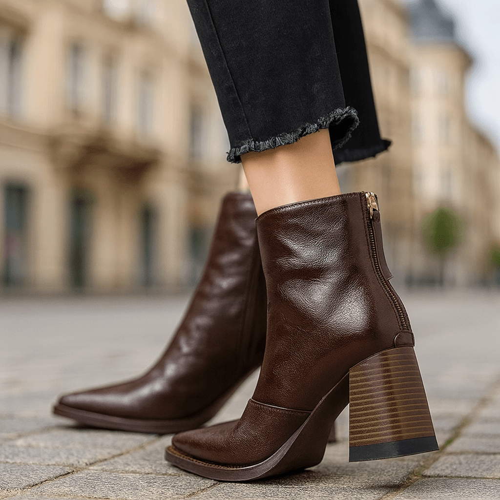 Dark brown leather square-toe ankle boots featuring a notched front collar, rear zip, and a tall, stacked block heel.