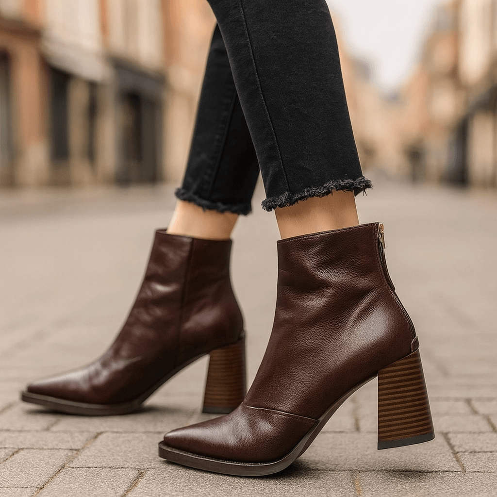 Dark brown leather square toe ankle boots with a notched front collar and tall block heel, worn with black cropped jeans.