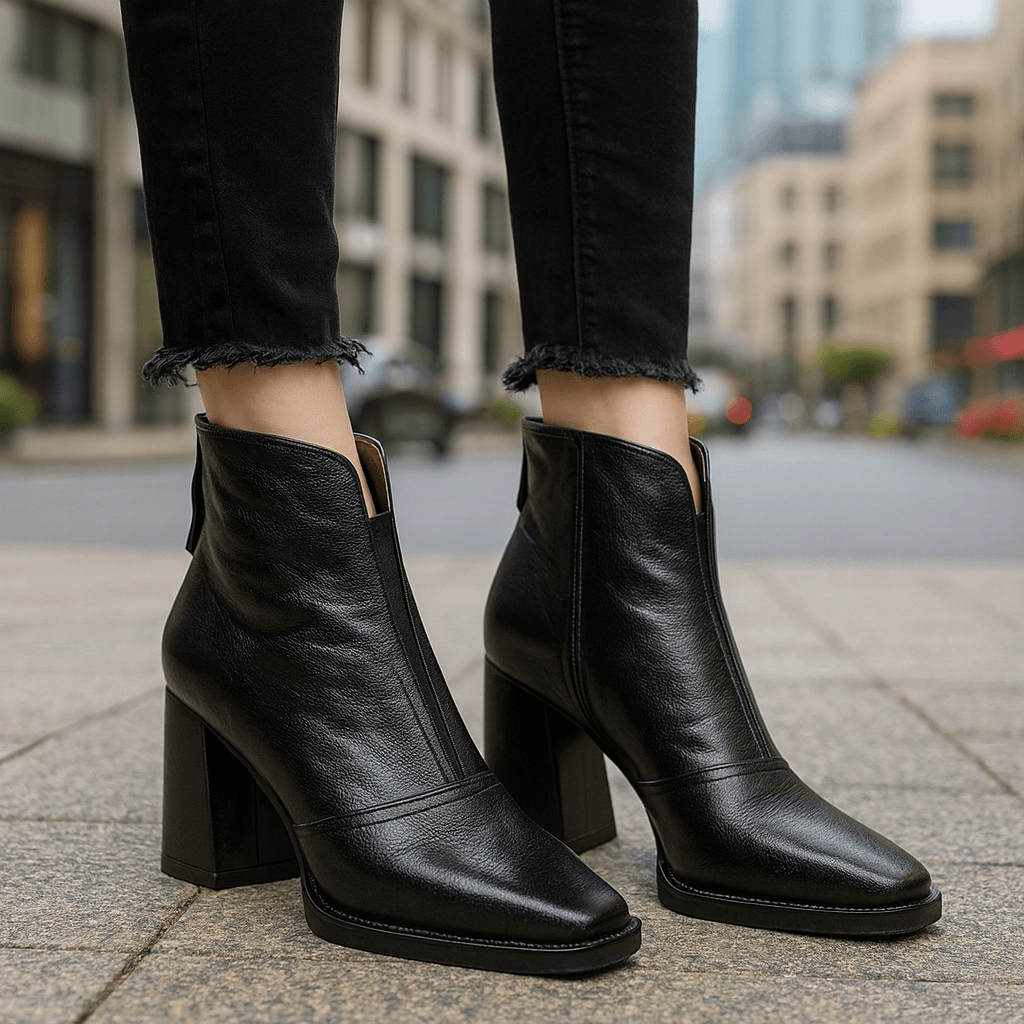 Black leather square-toe ankle boots featuring a notched front collar and a tall, stable block heel on a city street.