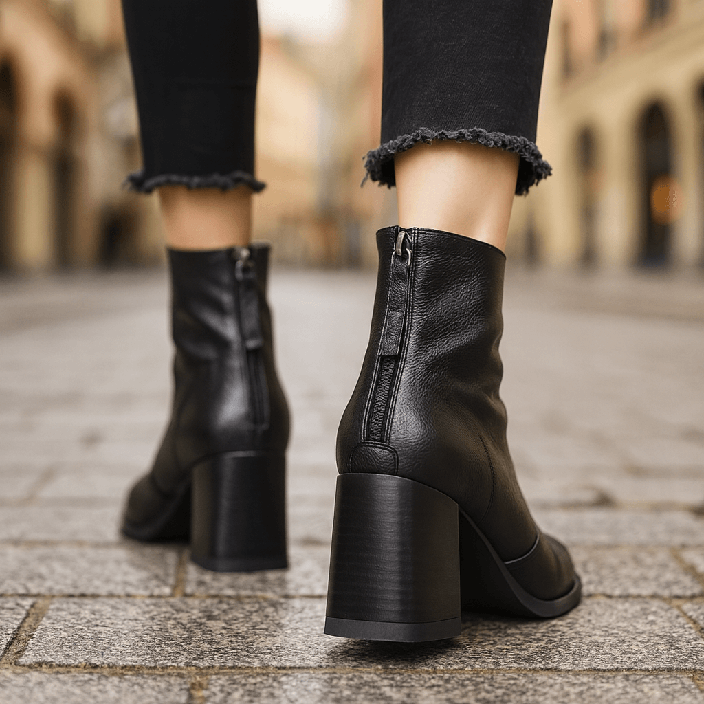 Black leather ankle boots with a tall block heel and back zipper, worn with cropped frayed-hem jeans on a stone street.