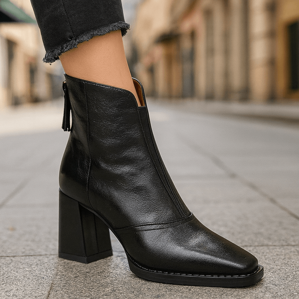 Black leather square toe ankle boots with a notched front collar, side zip, and a tall, sturdy block heel.