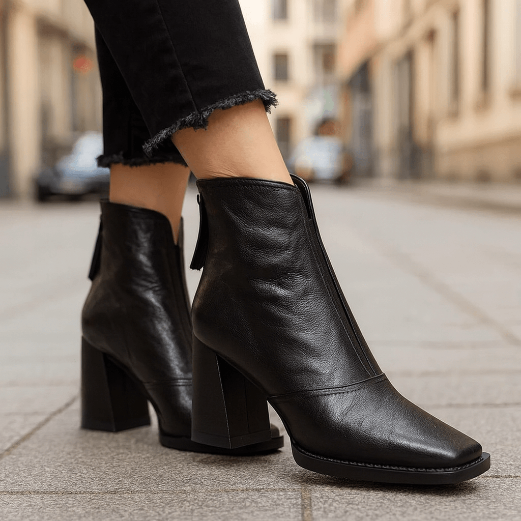 Black leather square toe ankle boots featuring a notched front collar and a tall, stable block heel on a city street.