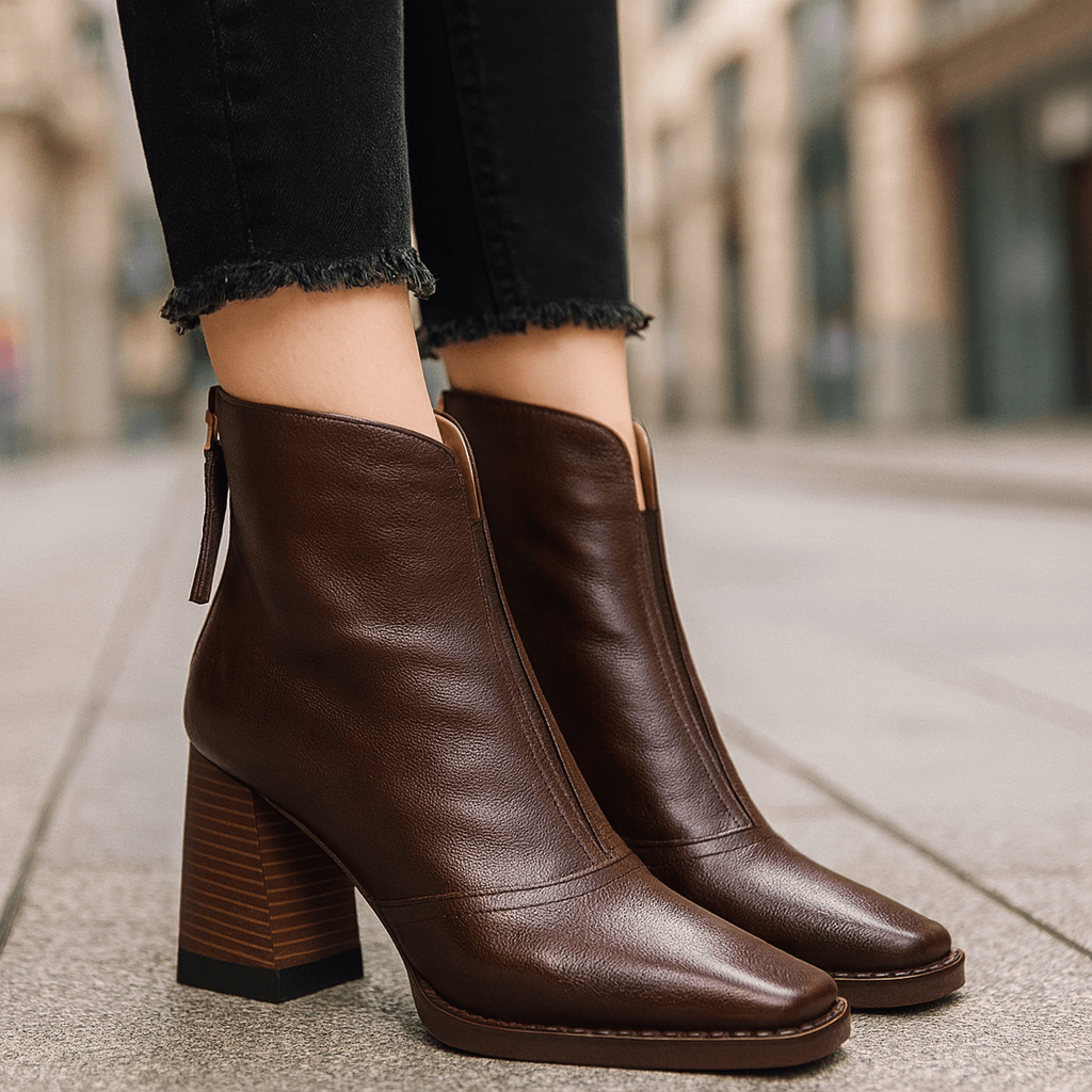 Dark brown leather ankle boots featuring a square toe, notched front collar, and a sturdy stacked block heel.