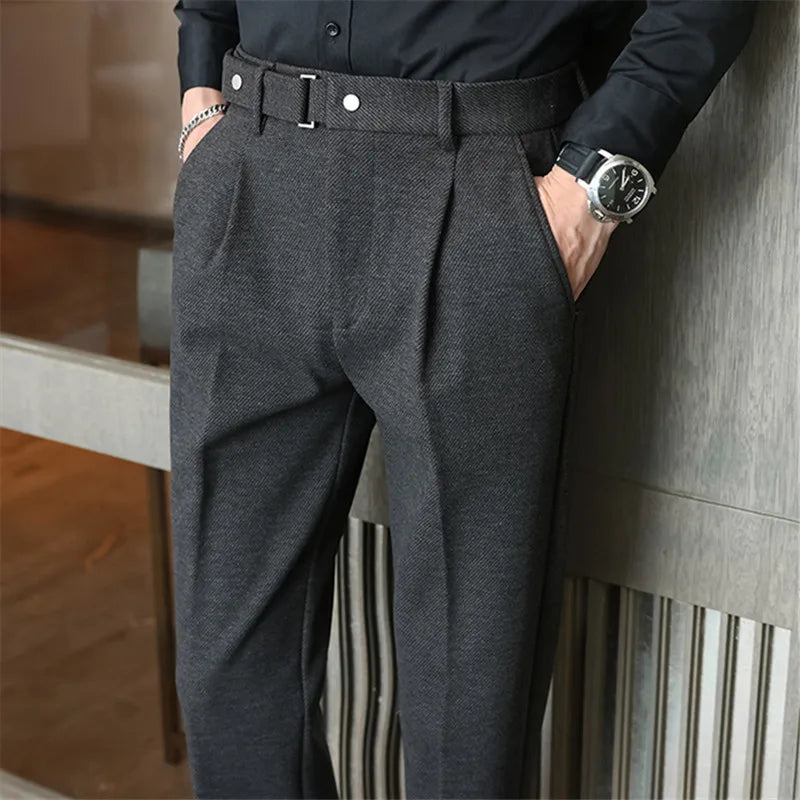 Nicholas Herringbone Wool Trousers – Buckle-Waist Slim-Tapered Ankle-Length Pants