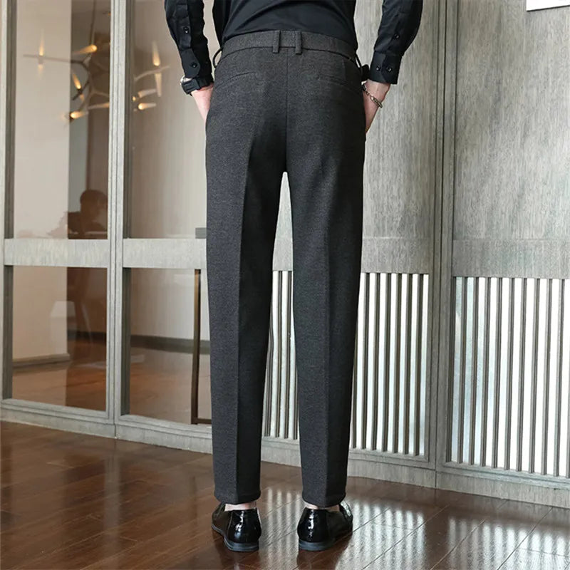 Nicholas Herringbone Wool Trousers – Buckle-Waist Slim-Tapered Ankle-Length Pants