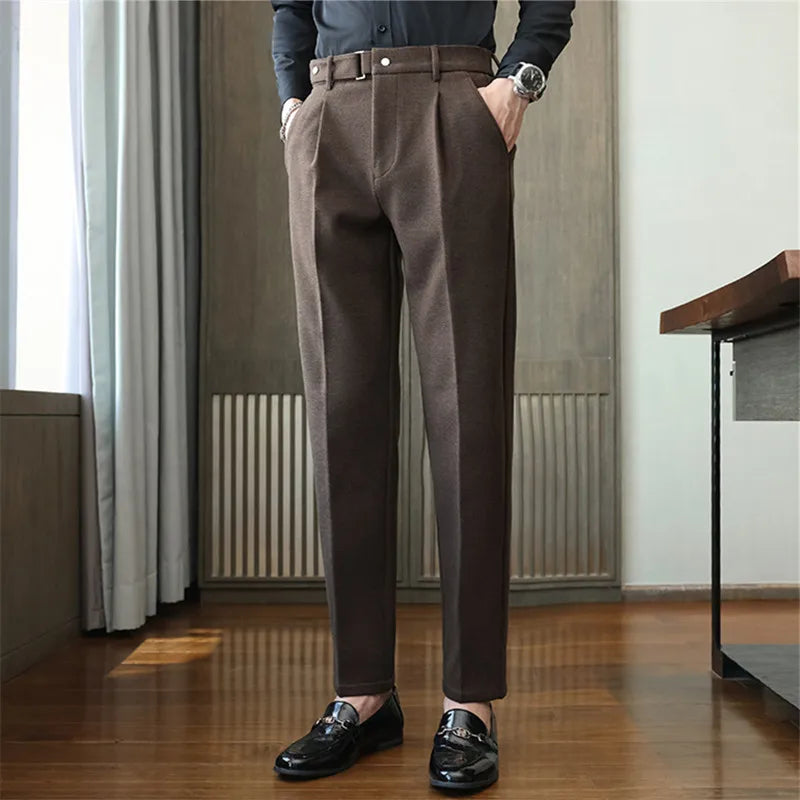Nicholas Herringbone Wool Trousers – Buckle-Waist Slim-Tapered Ankle-Length Pants
