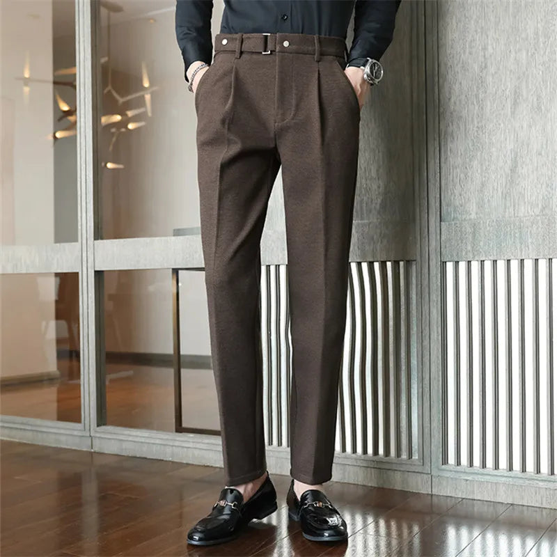 Nicholas Herringbone Wool Trousers – Buckle-Waist Slim-Tapered Ankle-Length Pants