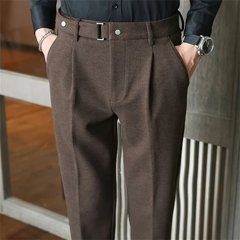 Nicholas Herringbone Wool Trousers – Buckle-Waist Slim-Tapered Ankle-Length Pants