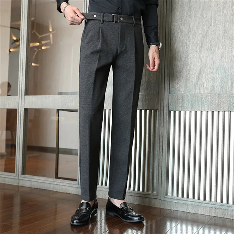 Nicholas Herringbone Wool Trousers – Buckle-Waist Slim-Tapered Ankle-Length Pants