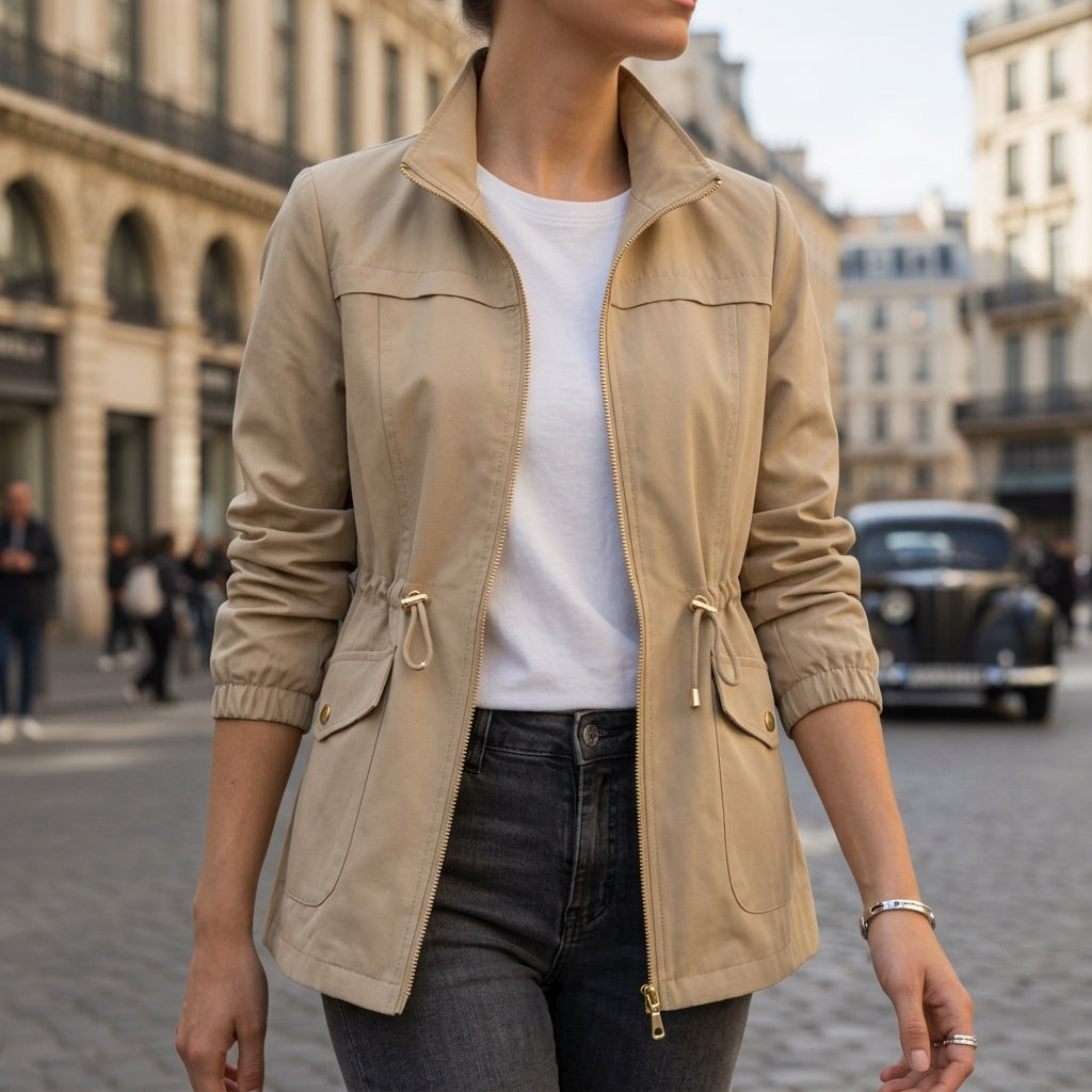 Beige cotton blend utility jacket with a drawstring waist, zip-front closure, and flap pockets on a city street.
