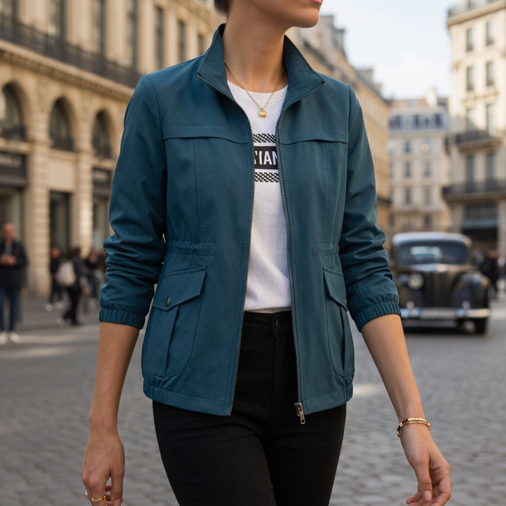 Teal cotton blend utility jacket with a zip front, drawstring waist, flap pockets, and elasticized cuffs.