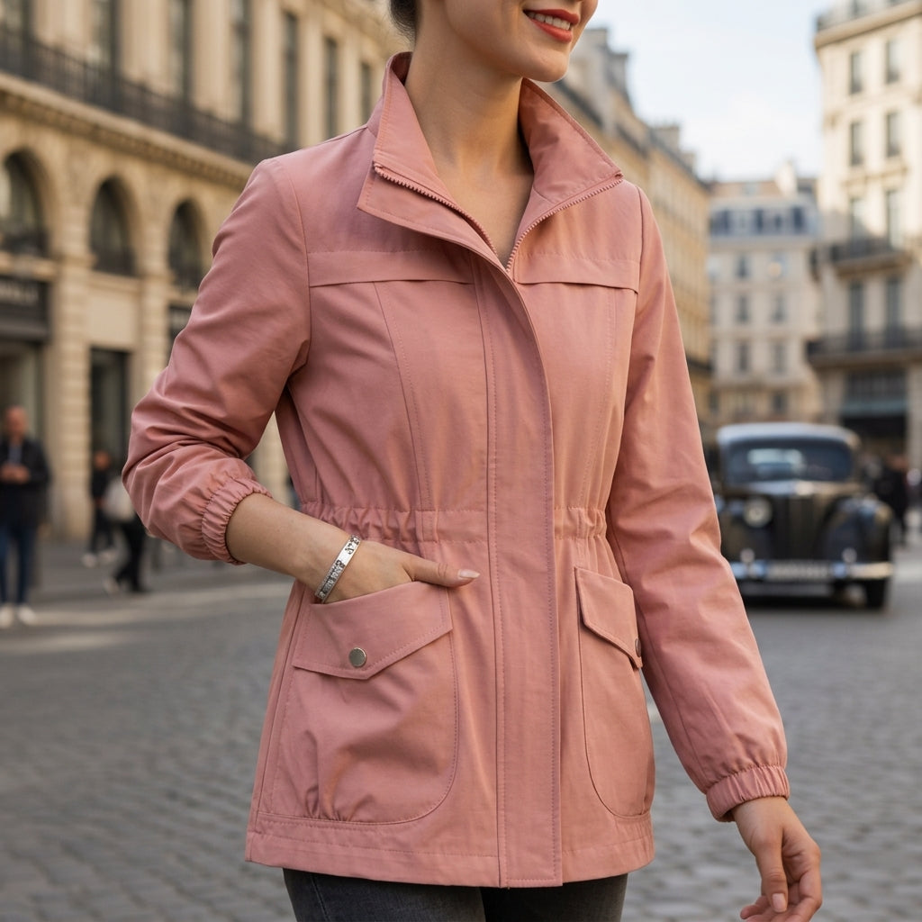 Dusty pink cotton blend utility jacket with a drawstring waist, zip-front closure, and flap pockets on a city street.