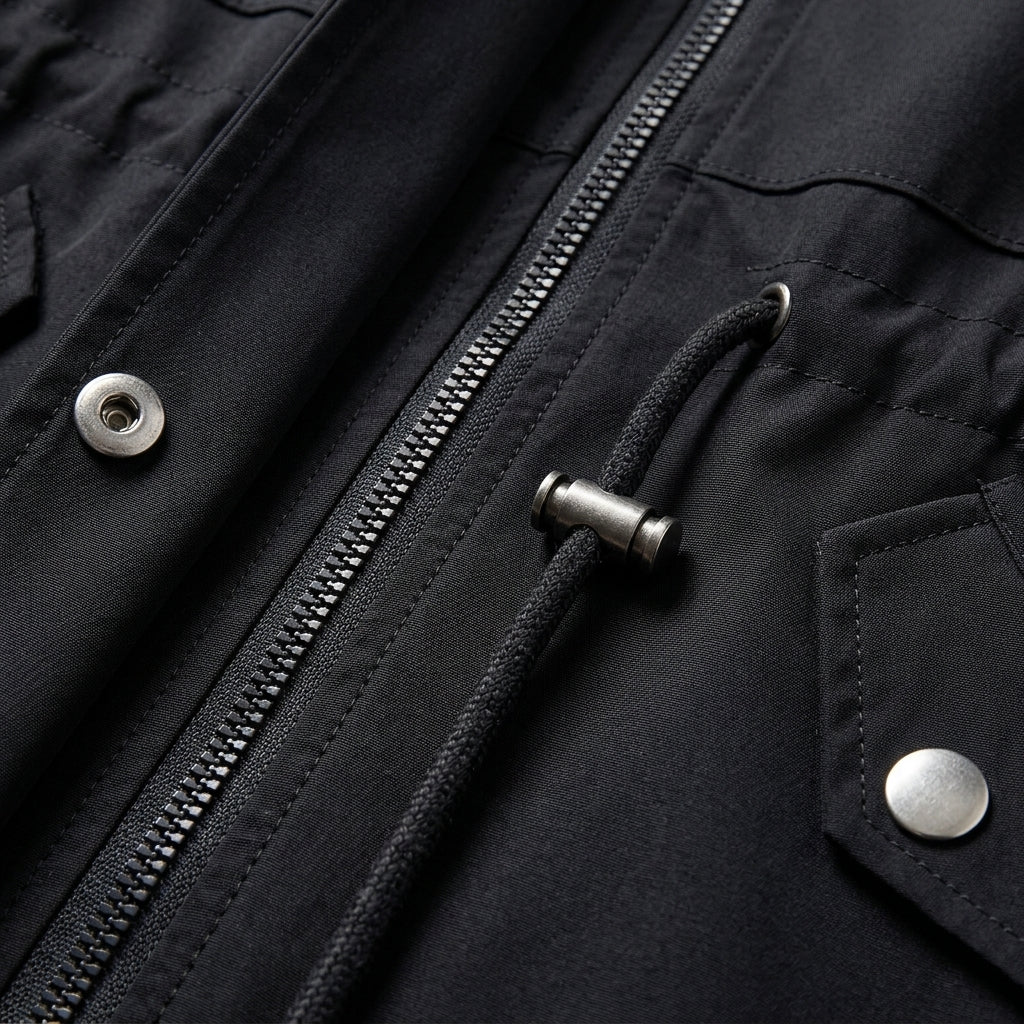 Black cotton blend utility jacket featuring a zip front, drawstring waist with metal toggles, and snap-button pockets.